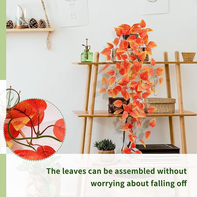 2 Pack Artificial Fall Plants Hanging Orange Vines Potted Fall Foliage Fake Pothos Trailing Plant Autumn Decoration for Indoor Outdoor Thanksgiving Bathroom Wall Kitchen Room Shelf Decor (Black Pot)