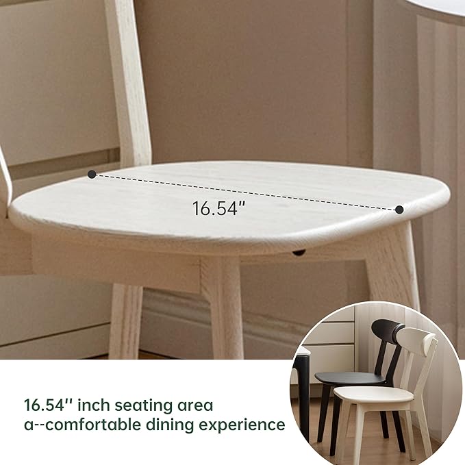 Mid Century Oak Wood Dining Chair, 100% Solid Wood Kitchen Chair with Rounding Edges & Curved Backrest, Modern Armless Accent Dining Chairs for Kitchen Dining, Cream White