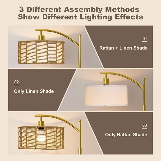 Oneach 62.5'' Arc Floor Lamp for Living Room, Rattan Boho Floor Lamp with Gold Metal Base, Double Shades, Farmhouse Rustic Modern Standing Lamp for Bedroom Office Corner