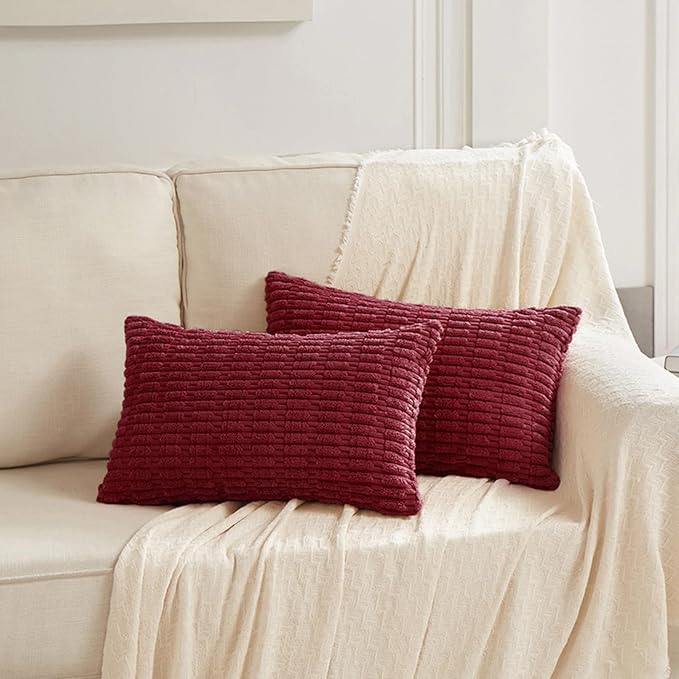 Fancy Homi 4 Packs Burgundy Decorative Throw Pillow Covers 16x24 Inch for Living Room Couch Bed, Holiday Christmas Home Decor Gift, Soft Plush Corduroy Cute Square Accent Cushion Case 40x60 cm