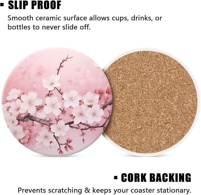 Drinking Coasters with Holder Round Water Absorbent Marble Ceramic Coasters Tabletop Protection(Cork Base),Blooming Pink Cherry Blossom Flowers,Suitable for Various Mugs,Home Decor，4 Inch