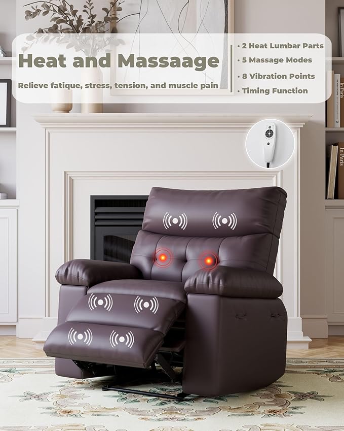 Garvee Recliner Chair Oversized Living Room Chair Adjustable PU Leather Lazy Chair with Massage & Heat Side Pockets - Espresso