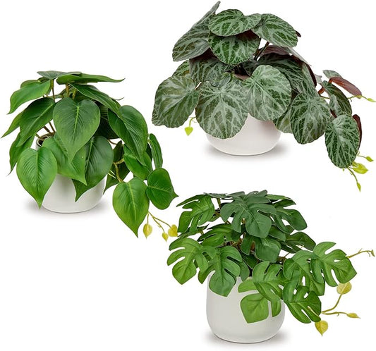 Fake Plants Set of 3 Artificial Plants Faux Pothos with White Ceramic Pots Fake Potted Plants Artificial Decor for Home Bathroom Shelf Desk Indoor