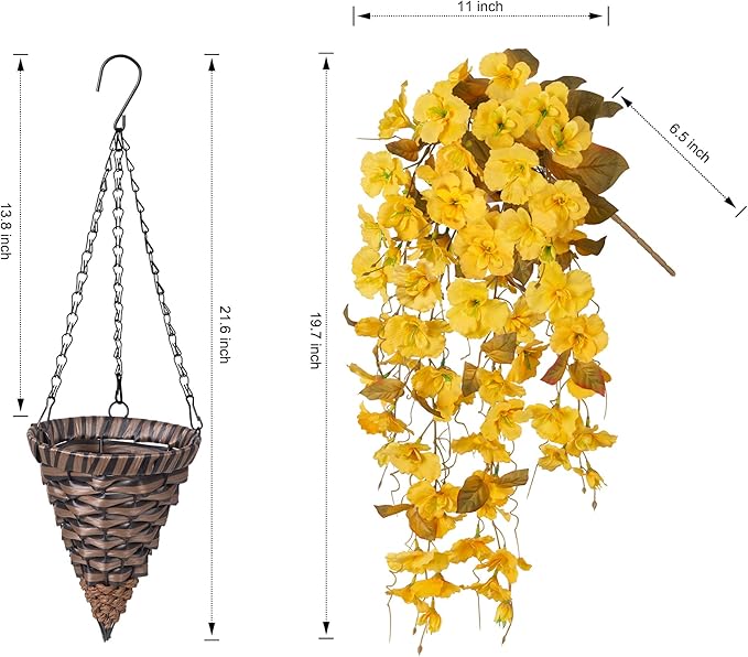 Artificial Fake Fall Hanging Flowers Plants Baskets for Outdoor Decoration, 5Pcs Faux Silk Hibiscus Long Vines in Planter UV Resistant Realistic Flower for Outside Home Porch Patio Garden, Fall Yellow