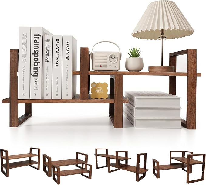 Adjustable Desktop Bookshelf, Bookshelf No Assembly Required, DIY Multi-Combination Shelves Organizer for Home Office Supplies, and Dresser, True Natural Walnut Wood, Brown
