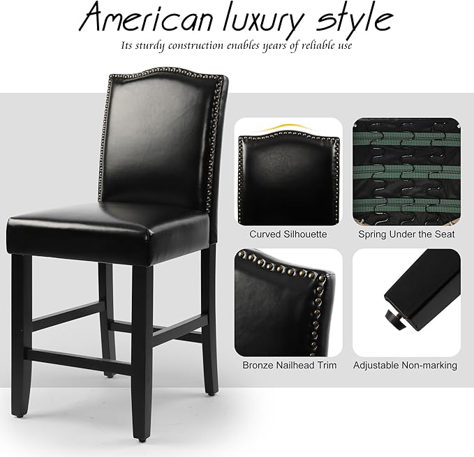 LSSPAID Counter Height Bar Stools Set of 4, 23.5 Inch Pu Upholstered Barstools, Kitchen Island Chairs with Bronze Nail Backrest and Solid Wood Legs for Kitchen Pub Home Cafe, Black