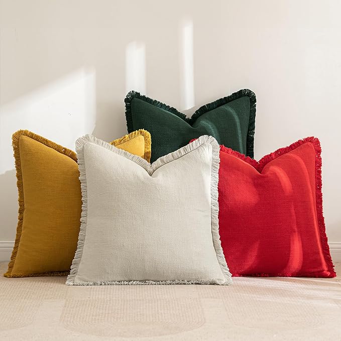 MIULEE Linen Pillow Covers 18x18 Inch Decorative Throw Pillows with Fringe Pack of 4 Soft Farmhouse Boho Couch Pillows Home Decors for Sofa Cushion Living Room Bed Dark Green and Yellow