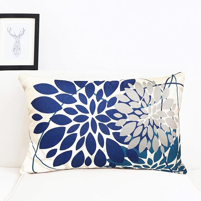 Blue Decorative Throw Pillow Covers 12x20 Inch Pillow Covers for Couch Living Room Bedroom Car Outdoor.Modern Sofa Throw Pillow Cover.Farmhouse Geometric Floral Linen Square Pillow Case.Set of 2