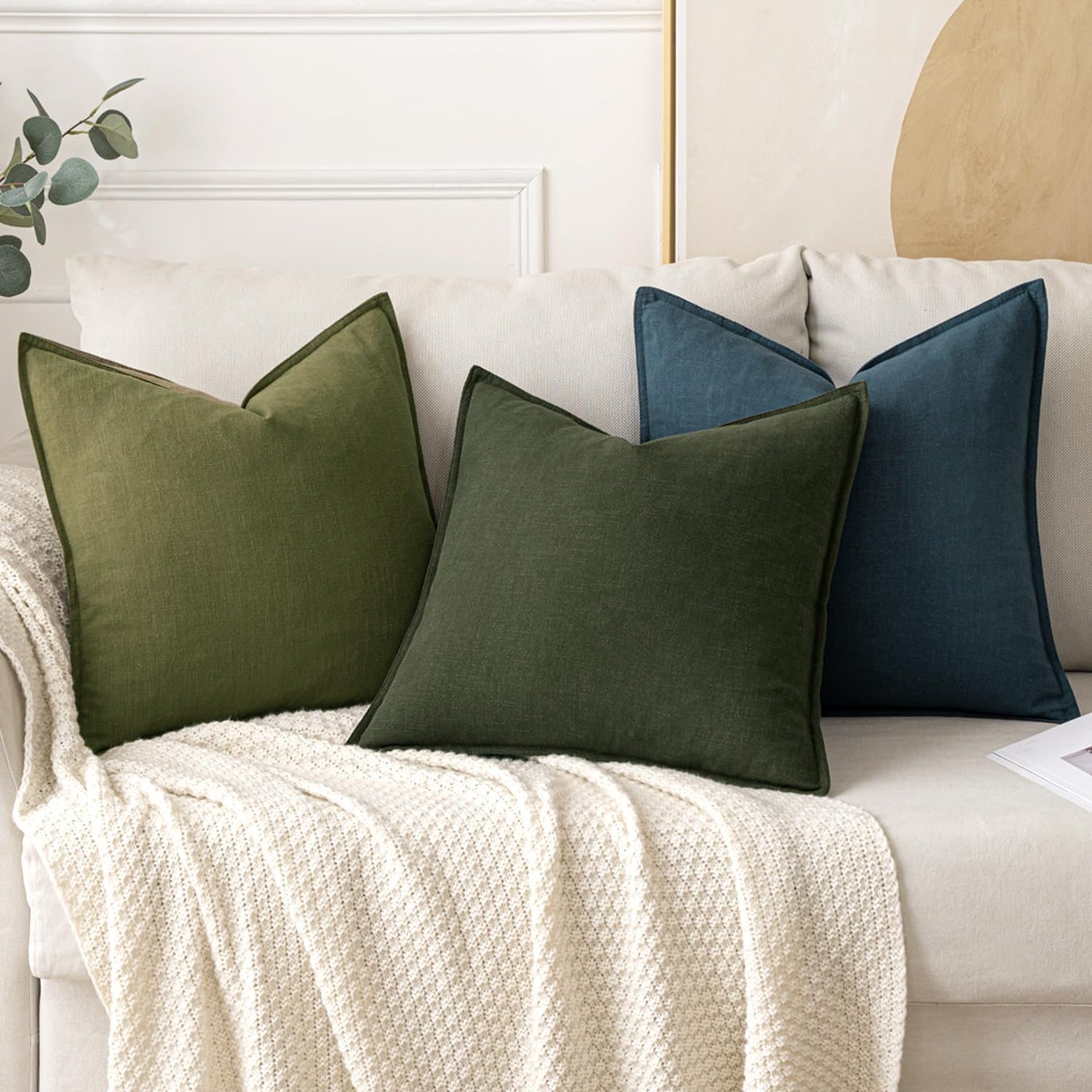 MIULEE Decorative Linen Pillow Covers 18x18 Inch Green Boho Farmhouse Neutral Couch Throw Pillows for Bed Pack of 2 Accent Outdoor Pillowcase Modern Sofa Cushion Livingroom Home Decor