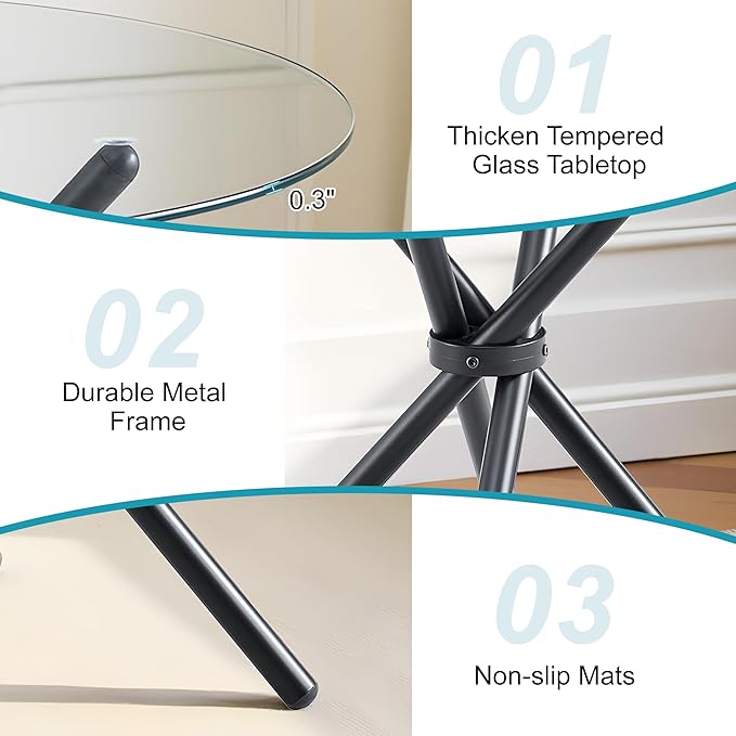 Kitchen Table for 2 Modern 36.6" Round Glass Table Small Tables with Trestle Metal Leg for Living Room and Apartment, Black