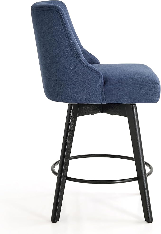 Vipbear Counter Height Bar Stools Set of 2, 26" H Swivel Bar Stools with Backs, Linen Fabric Upholstered Bar Chairs with Solid Wood Legs for Kitchen Island, Dining Room, Home Bar, Deep Blue