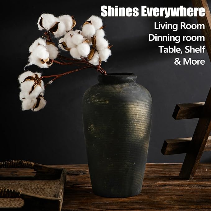 11 Inch Tall Large Ceramic Rustic Flower Vase for Home Office Decor, Boho Farmhouse Living Room Coffee Table Kitchen Bedroom Bathroom Wall Decor Aesthetic, Vintage House Shelf Decor -Bronze