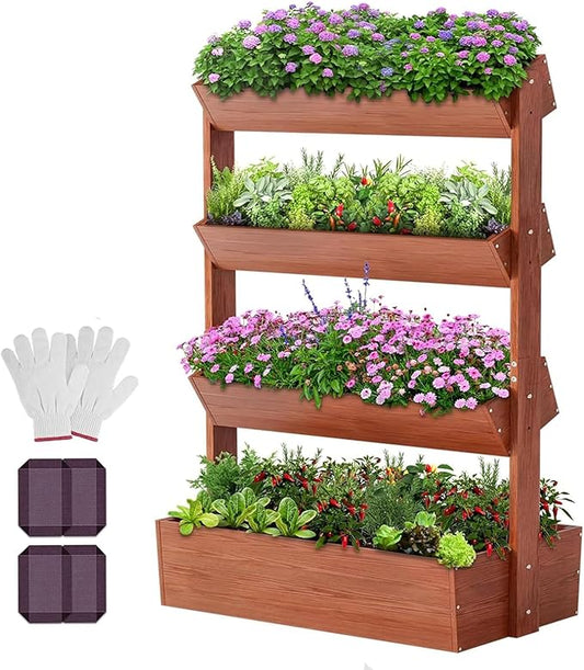 DoCred Vertical Wooden Raised Garden Bed, 4 Tier Garden Planters Freestanding Wood Plant Stand Flower Rack Wooden Planter Box for Plants Herbs Flowers Vegetables Outdoor Indoor Gardening