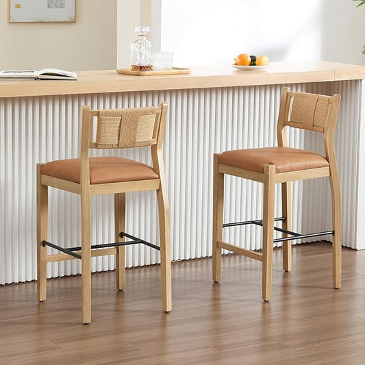 CIMOTA Rattan Counter Height Bar Stools Set of 2, 26" Farmhouse Barstools with Woven Backs, Boho Wood Bar Chairs Leather Upholstered Counter Stools for Kitchen Island/Counter/Bar, PU Brown