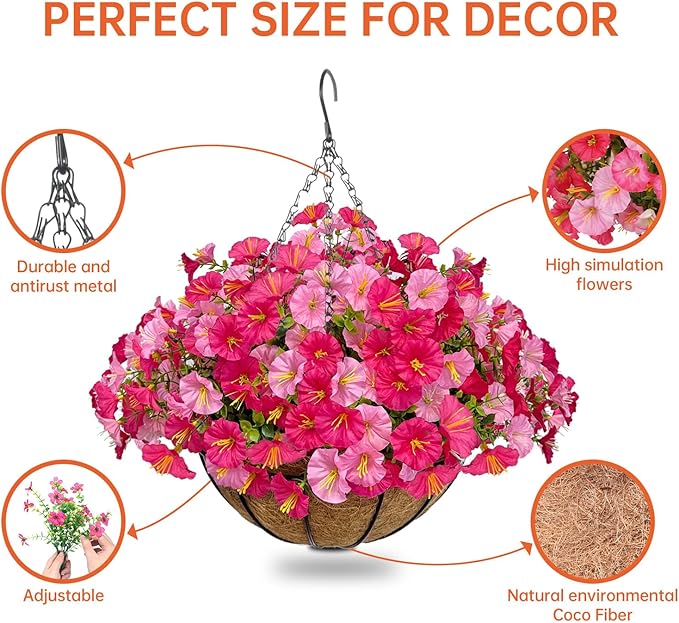 Artificial Hanging Faux Flowers Basket, Fake Silk Petunias Plants Arrangement,for Spring Summer Outdoor Decoration,UV Resistant, Morning Glorias,for Home Garden Decor (Dark&Light Pink)