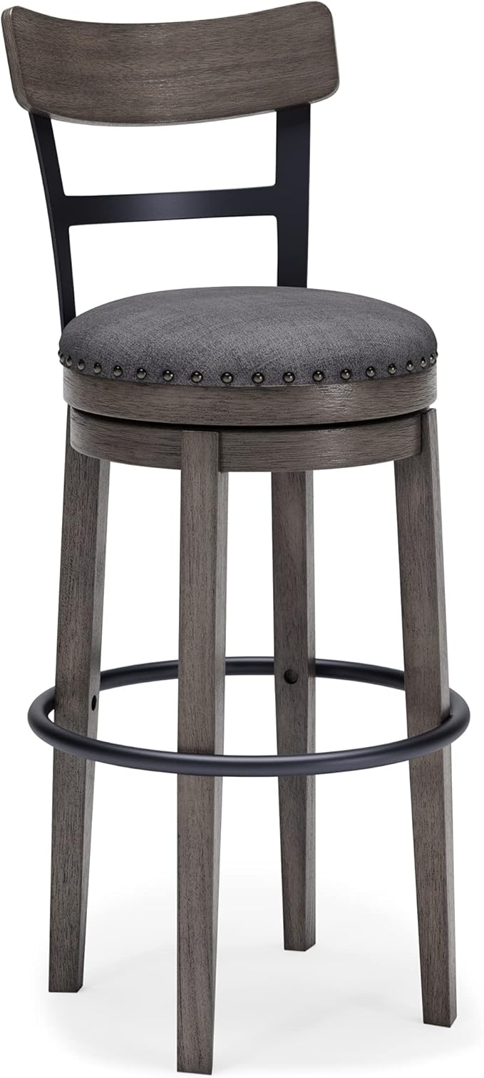 Signature Design by Ashley Caitbrook 30" Farmhouse Bar Height Upholstered Swivel Barstool, Gray