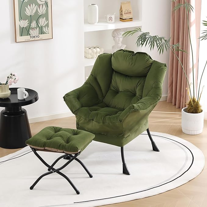 Welnow Lazy Chair with Ottoman, Modern Reading Lounge Accent Chair with Armrests and a Side Pocket, Leisure Upholstered Lazy Sofa Set with Footrest for Small Space, Army Green