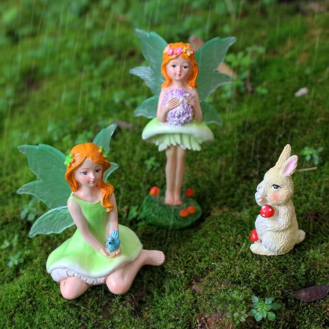 Mushroom Garden Miniatures Fairies Luminous Wings, Mini Garden Figurine Set Fairies Statues with a Rabbit for Outdoor Garden Yard Lawn Home Decor Lovely Resin Fairy Angel Accessories 3 PCS