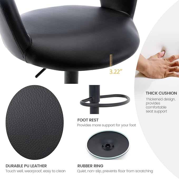 Brage Living Wide Bar Stool, Modern PU Leather Swivel Adjustable Barstool with Hollow Back and Arms, Upholstered Airlift Counter Height Bar Chair for Kitchen Dining (Black, Matte Black Base)