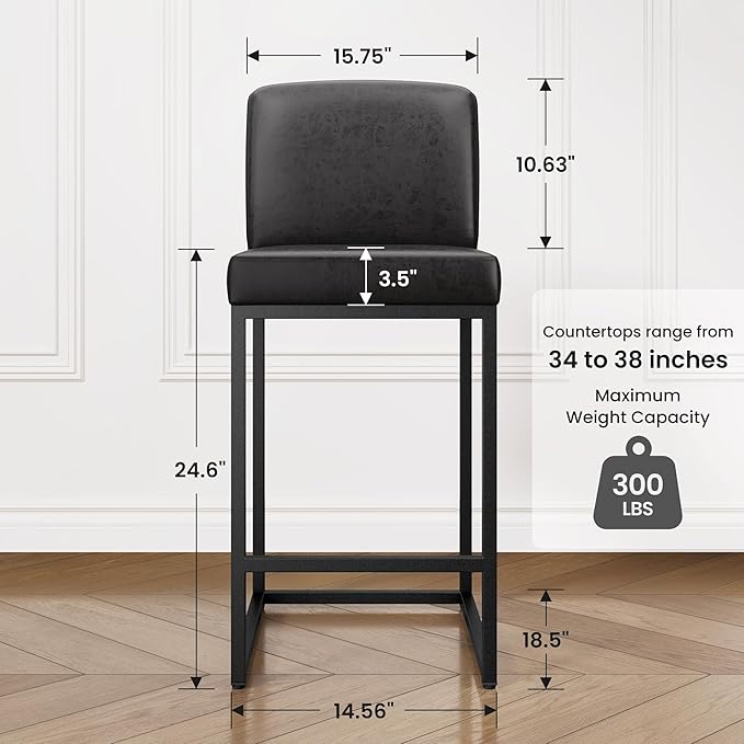 PHI VILLA Black Leather Bar Stools Set of 2, Counter Height Bar Chairs, 24 inch Kitchen Modern Bar Stool with Back