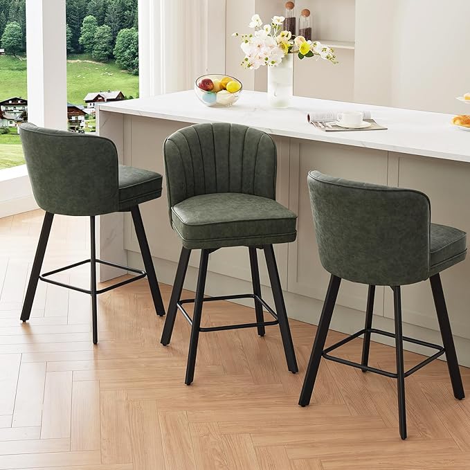 Swivel Counter Height Bar Stools Set of 4, 26'' Modern Barstools with Backs and Metal Legs, Upholstered Bar Chairs, Faux Leather Green Stools for Kitchen Island Chairs