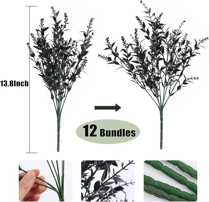 RECUTMS 12 Bundles Artificial Flowers Outdoor UV Resistant Outdoors Fake Plants Faux Plastic Flower in Bulk for Hanging Planters Outside Porch Vase Home Window Decoration(Black)