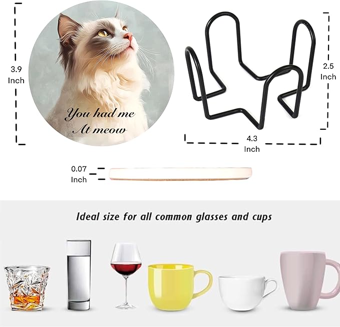 Absorbent Cat Coasters Set of 6 with Holder - Cute Kitty Design Ceramic Coasters for Drinks, Home Decor Gifts for Pet Owners, Birthday Gifts