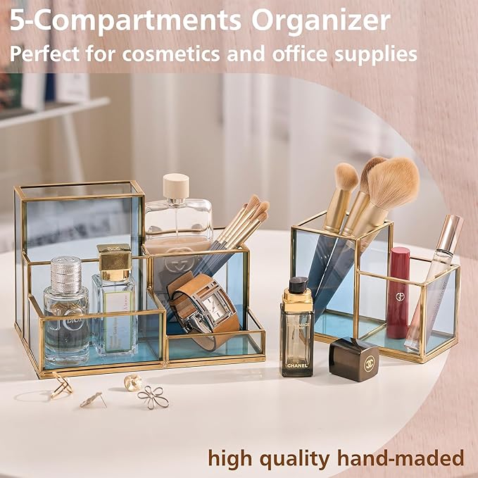 5-Compartment Desk Organizer for Home Office Supplies, Gold Brass with Blue Glass, Workspace Storage for Stationery, Cosmetic, Makeup Tools and Brush.