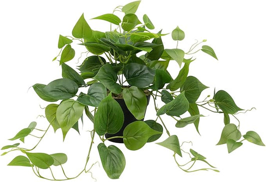 LOYWREE Artificial Scindapsus Aureus Fake Pothos Plants in Black Pots - Realistic Faux Indoor Greenery for Home, Office, Desk, Shelf, Living Room, Bedroom, Balcony, Patio & Garden Decor