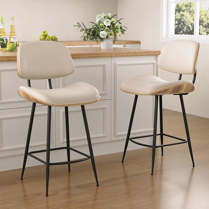 Mid Century Modern Bar Stools Set of 4, PU Leather Counter Height Stools with Walnut Bentwood Back & Metal Legs, 26.7" Barstools Kitchen Island Chairs with Footrest for Home Bars, Beige