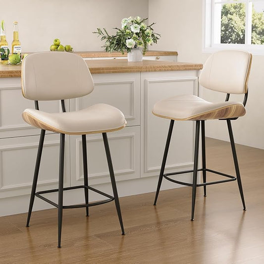 Mid Century Modern Bar Stools Set of 2, PU Leather Counter Height Stools with Walnut Bentwood Back & Metal Legs, 26.7" Barstools Kitchen Island Chairs with Footrest for Home Bars, Beige