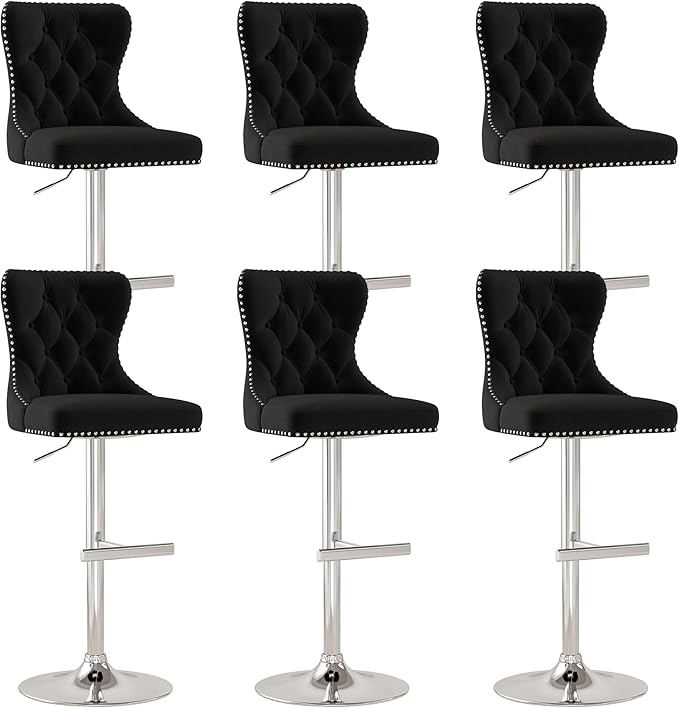 Bar Stools Set of 6, Velvet Swivel Counter Height Stools with Tufted Back, Adjustable Seat with Nailheads Trim, Upholstered Bar Chairs with Steel Base for Kitchen Island, Pub, Black