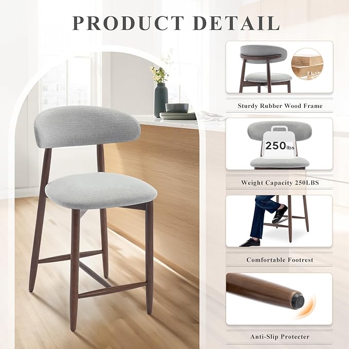 Upholstered Counter Height Bar Stools, Kitchen Island Stools with Back, Modern Counter Stools Chairs with Wood Legs for Kitchen Island Dining Room, Light Grey