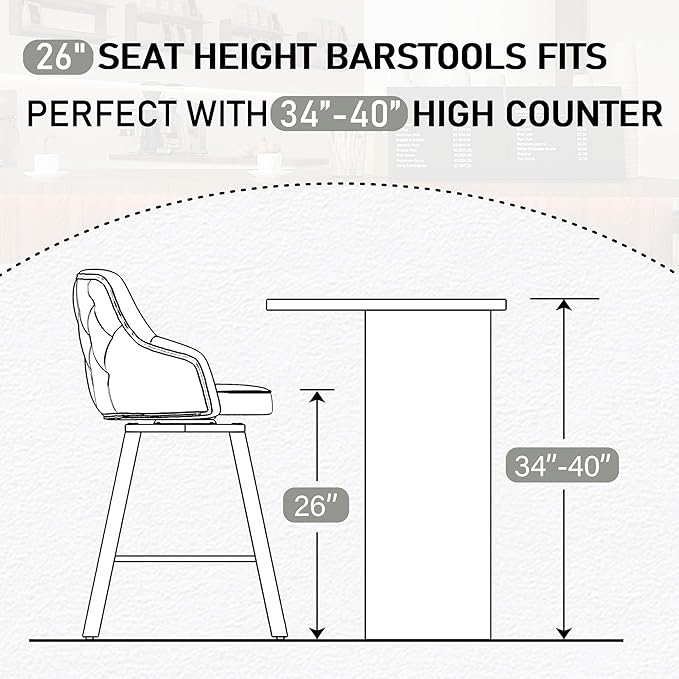 Bar Stools Set of 4, 26" Swivel Counter Height Bar stools with High Back, Faux Leather Kitchen Barstools Counter Height for Kitchen Island (Light Grey, 4PCS 26" Counter Stools)