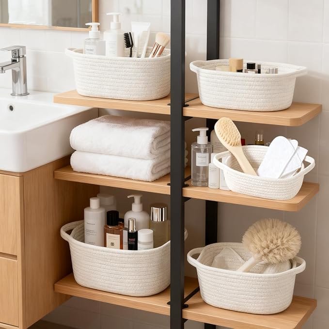 5-Piece Storage Shelf Basket Set, Natural Cotton Rope Woven Basket with Handles, Decorative Rectangle Organizer Bin for Home, Nursery, Montessori, Pet Toy Storage and Bathroom Organization, White