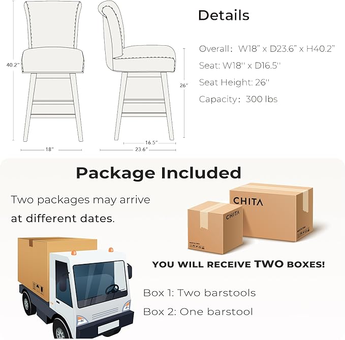 CHITA 26 Inch Counter Height Swivel Bar Stools Set of 3, FSC Certified Modern Upholstered Faux Leather Swivel Barstool Chair with Back, White