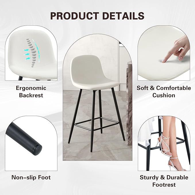 White Bar Stools Set of 4,Faux Leather Counter Height Bar Stools,24.6" Bar Chairs with Back Metal Footrest,Modern Counter Stool with Back and Footrest for Kitchen Island Restaurants Pubs