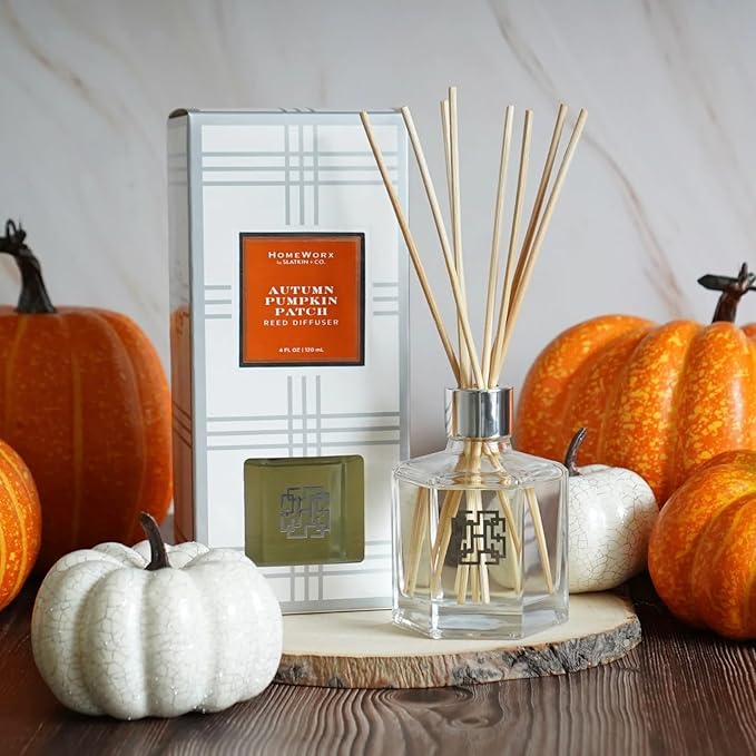 HomeWorx Reed Diffuser Set, Autumn Pumpkin Patch - Scented Oil Reed Stick Diffuser (Heirloom Pumpkin, Fresh Ginger, Red Apple & Cinnamon Sugar) - Long-Lasting Scent Fragrance Oil