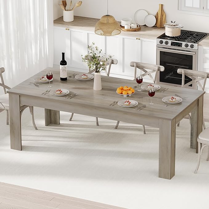 CABIHOME 71" Long Dining Table for 6-8, Large Farmhouse Rectangular Kitchen Dining Room Table, Wooden, Thick Frame & Sturdy Triangular Legs, Wood Strip Base for Dinner, Kitchen, Office, Rustic Gray