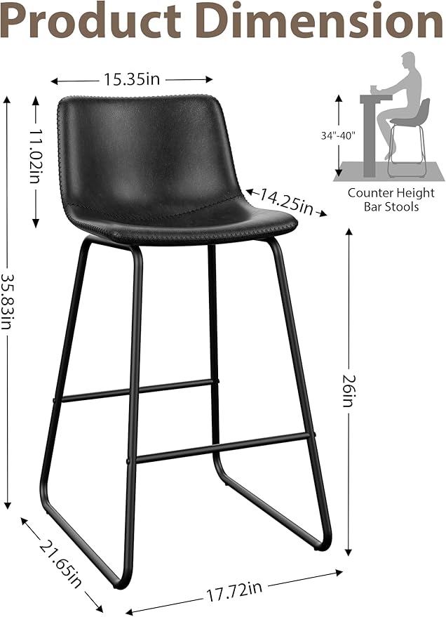Bar Stools Set of 6, 26 Inches Counter Height Bar Stools with Back, Modern Faux Leather Barstools with Metal Legs and Footrest, Bar Chairs for Kitchens Island (Black)
