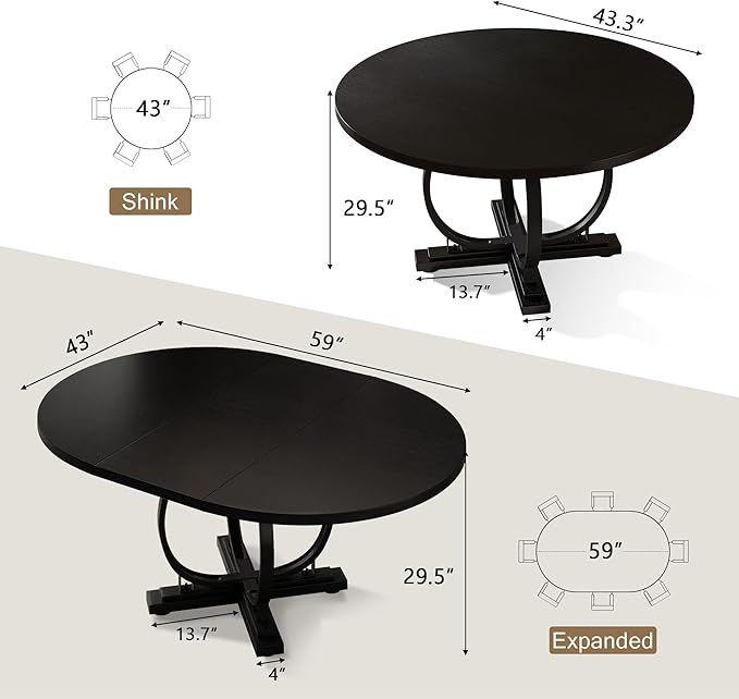 59" Round Extendable Dining Table for 4-6, Modern Oval Kitchen Table with Heavy Duty Curved Legs & Wood X-Based, MDF Board with Spring Buckle, Space Saving, Dining Kitchen Living Room, Black