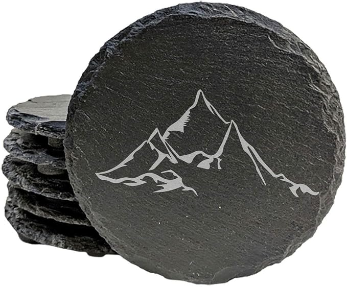Mountain Majesty Slate Coasters with Stunning Mountain Scene Design - Perfect for Home and Office Decor and Protection of Surfaces, Available in Square or Round Coasters - Round Slate - Set of 8