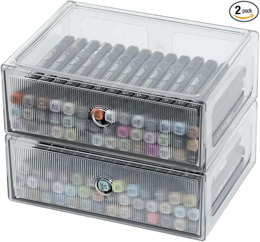 Clear Desk Organizers and Accessories, Plastic Drawer Storage Bins for Home Office Supplies, Marker Pen, Art Crafts, Makeup, Stackable Container for Bathroom, Cabinet, Pantry, 2 Drawers