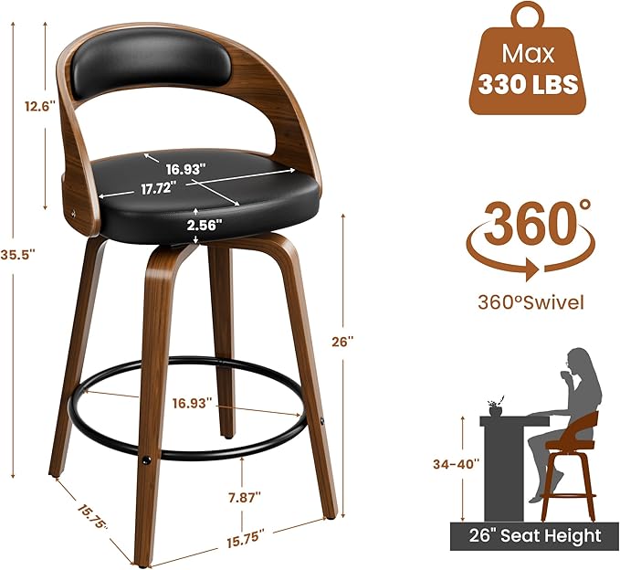 Swivel Bar Stools, 26" Upholstered Counter Height Bar Stools with Bentwood Legs and Low Back, Mid Century Modern Faux Leather Bar Chairs for Kitchen Island, Dining Room, Black