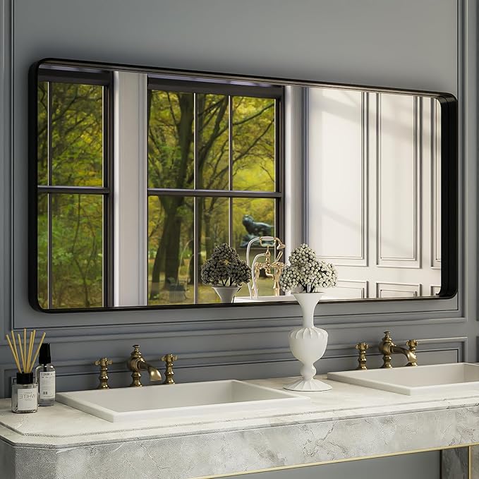 ISKM Large Black Matte Mirror for Bathroom 60" x 28" Round Corner Wall Mounted Mirror Modern Rectangle Metal Framed Bathroom Mirror for Wall Hangs Horizontal Or Vertical