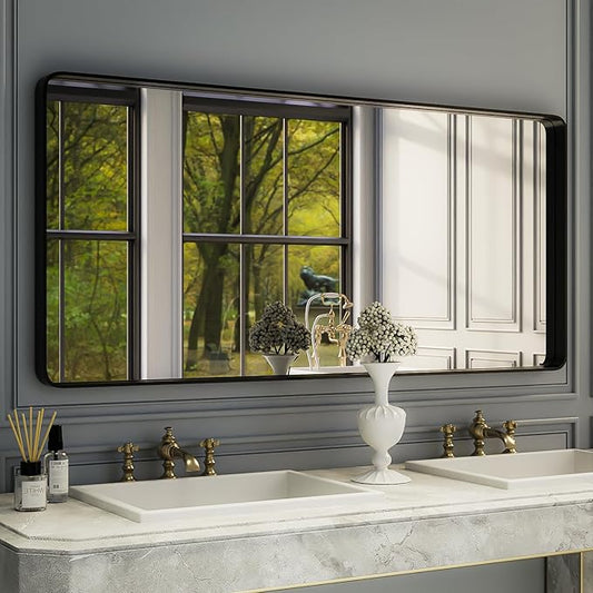 ISKM Large Black Matte Mirror for Bathroom 60" x 28" Round Corner Wall Mounted Mirror Modern Rectangle Metal Framed Bathroom Mirror for Wall Hangs Horizontal Or Vertical