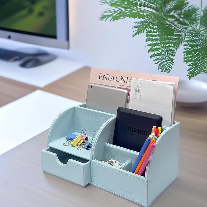 UnionBasic Desk Organizer - Multifunctional Leather Desktop Pen Holder Storage Box - Business Card/Pen/Pencil/Mobile Phone/Stationery Holder, Lychee Blue Revised
