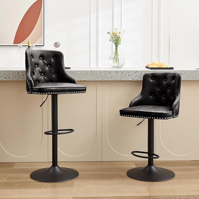 Modern Counter Stools Set of 2, Swivel Counter Height Bar Stools with Back and Armrests, 25'' to 33'' Adjustable Height PU Leather Bar Chairs with Rivets for Kitchen Island, Black