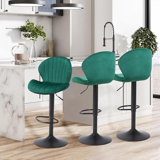 Modern Bar Stools Set of 3, Velvet Height Adjustable Swivel Barstools, Armless Kitchen Island Counter Chairs with Back & Footrest, Green