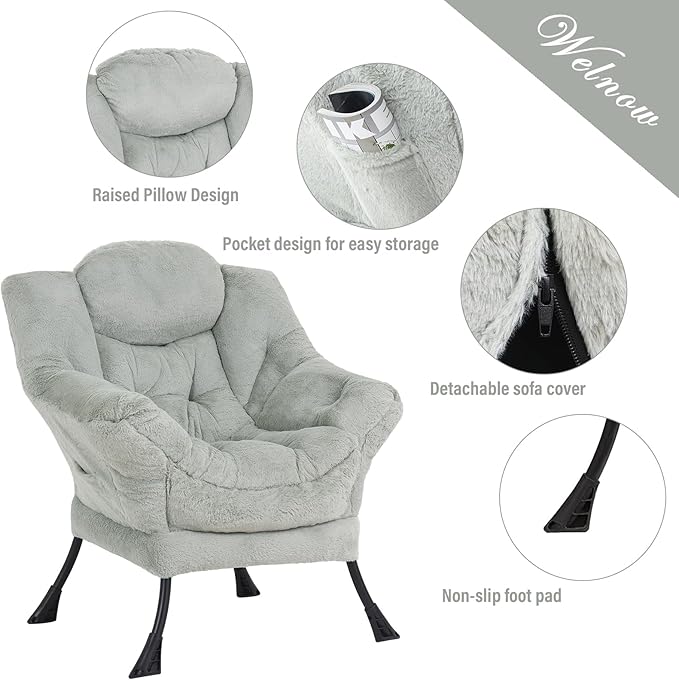 Welnow Lazy Chair with Ottoman, Modern Lounge Accent Chair with Armrests and a Side Pocket, Leisure Sofa Armchair, Reading Armchair with Footrest for Small Space, Plush Green